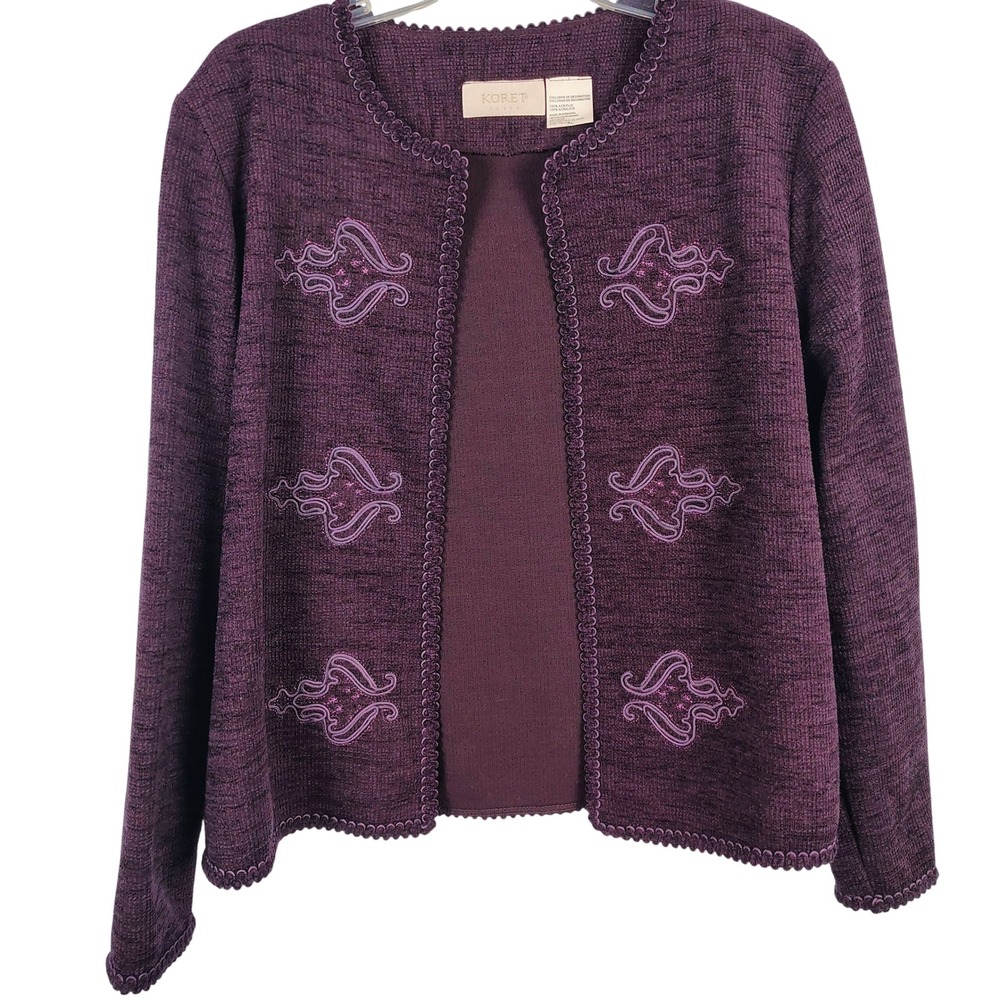 NWT Koret Womens XL Open Front Cardigan Purple Soutache Embroidered Grandmacore